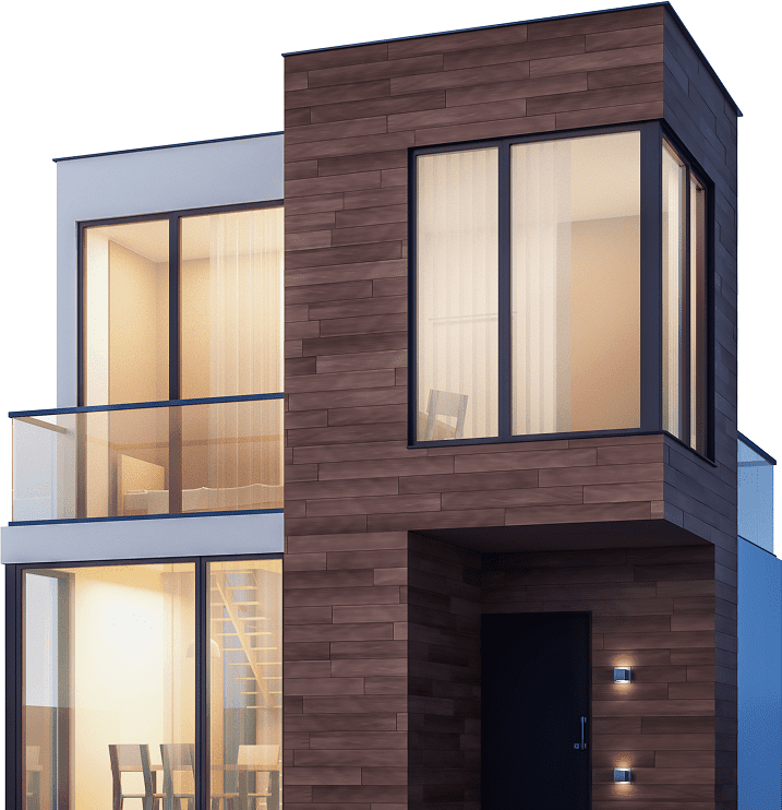 GettyImages-1181593525 1 Modern two-story house with large windows.
