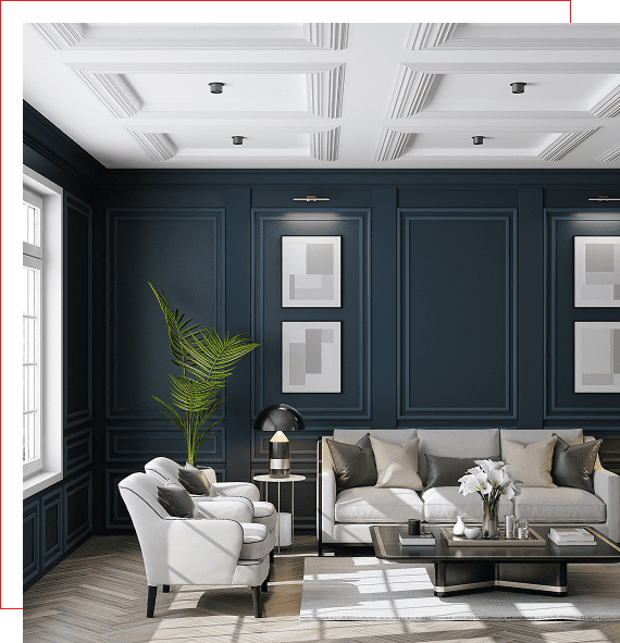 Group 1321317406 Elegant living room with dark blue walls.