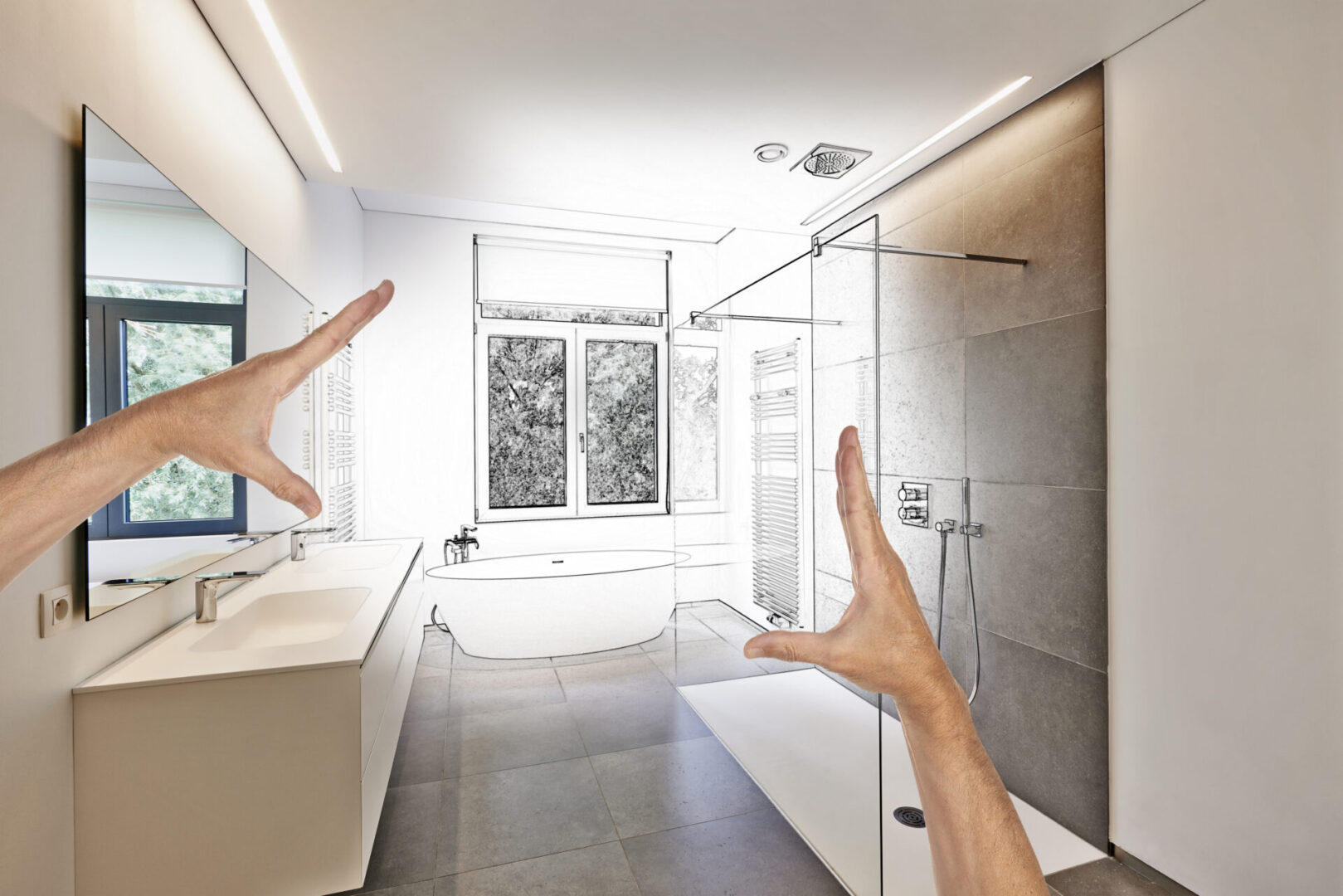Hands framing a bathroom design visualization.
